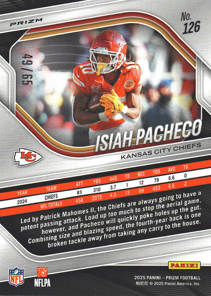 2025 Panini Prizm Orange Wave /65 Isiah Pacheco #126 Kansas City Chiefs
