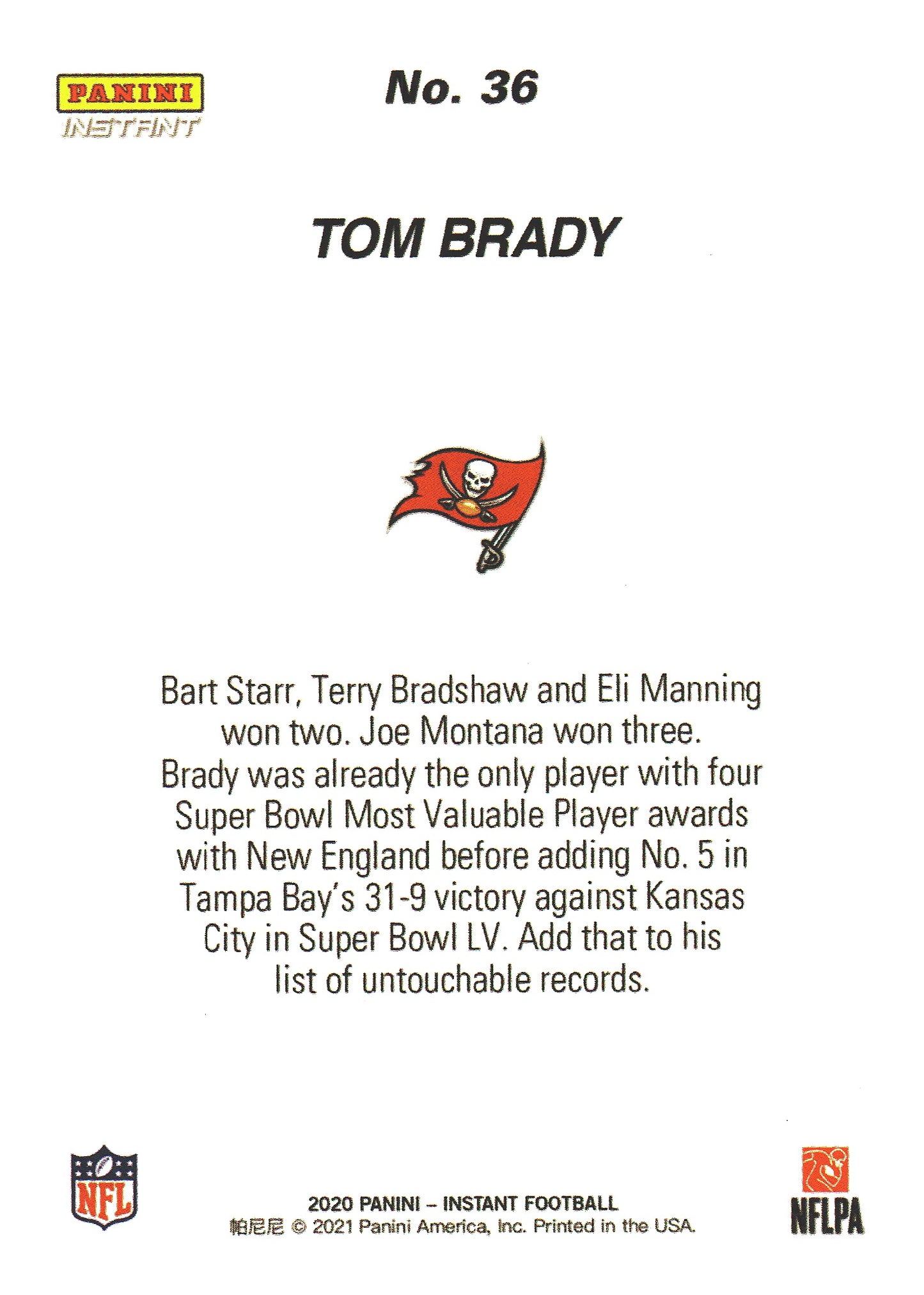 2020 Panini Instant Super Bowl Tom Brady #36 Tampa Bay Buccaneers