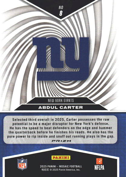 2025 Panini Mosaic Silver Storm Abdul Carter RC #8 New York Giants
