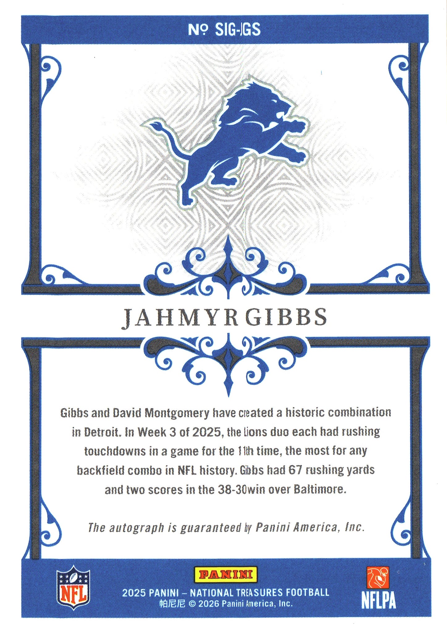 2025 Panini National Treasures Autograph /99 Jahmyr Gibbs #SIG-JGS Detroit Lions