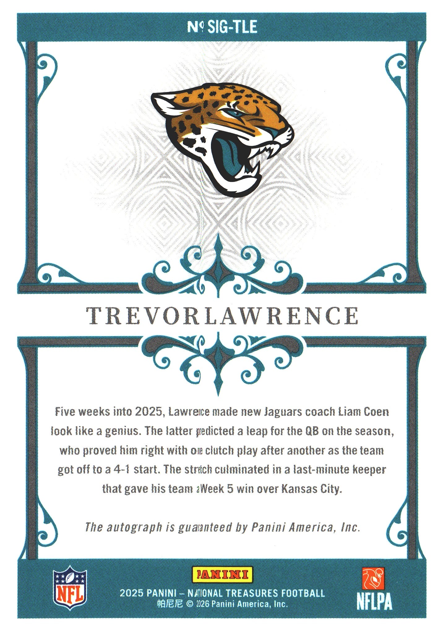 2025 Panini National Treasures Autograph /99 Trevor Lawrence #SIG-TLE Jacksonville Jaguars
