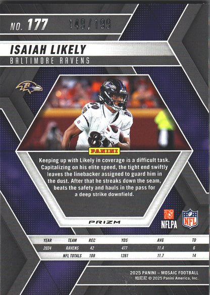 2025 Panini Mosaic Orange /199 Isaiah Likely #177 Baltimore Ravens