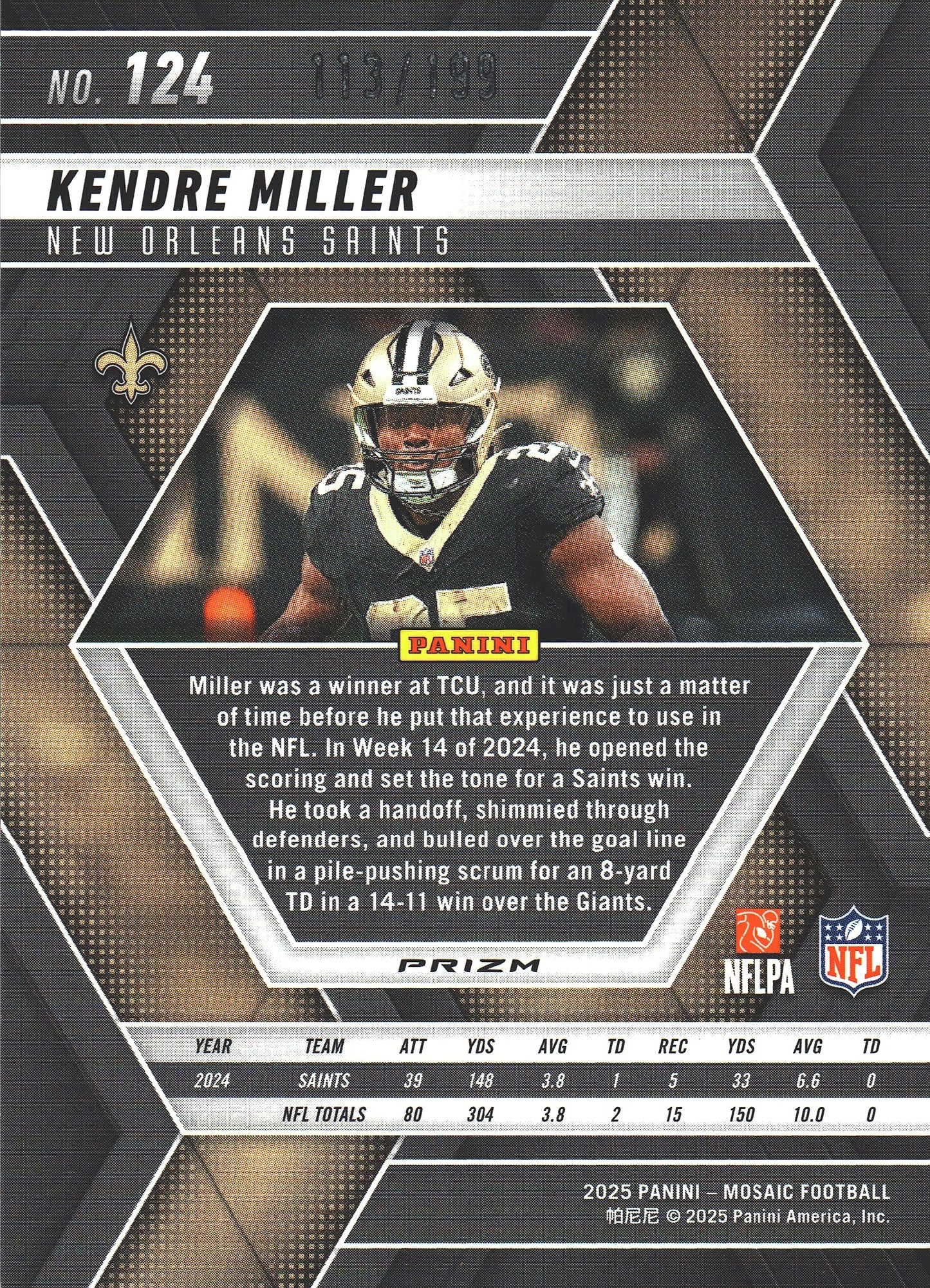 2025 Panini Mosaic Orange /199 Kendre Miller #124 New Orleans Saints
