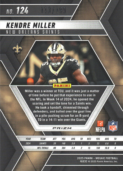 2025 Panini Mosaic Orange /199 Kendre Miller #124 New Orleans Saints