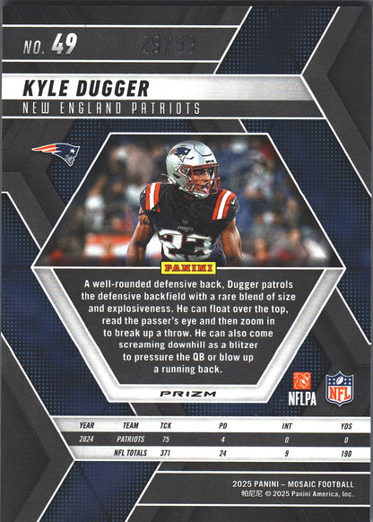 2025 Panini Mosaic Blue /99 Kyle Dugger #49 New England Patriots
