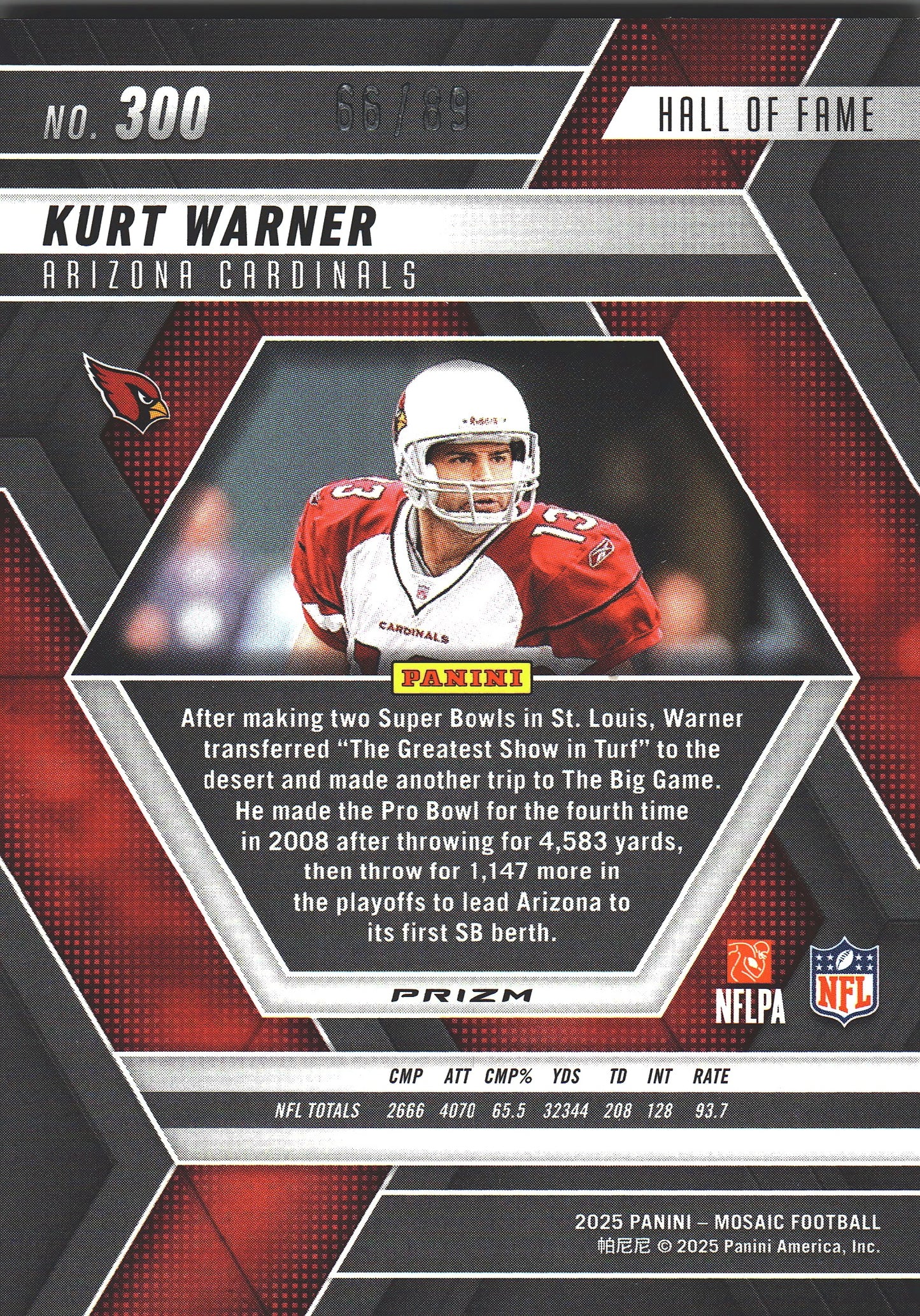 2025 Panini Mosaic Red Yellow /89 Kurt Warner #300 Arizona Cardinals