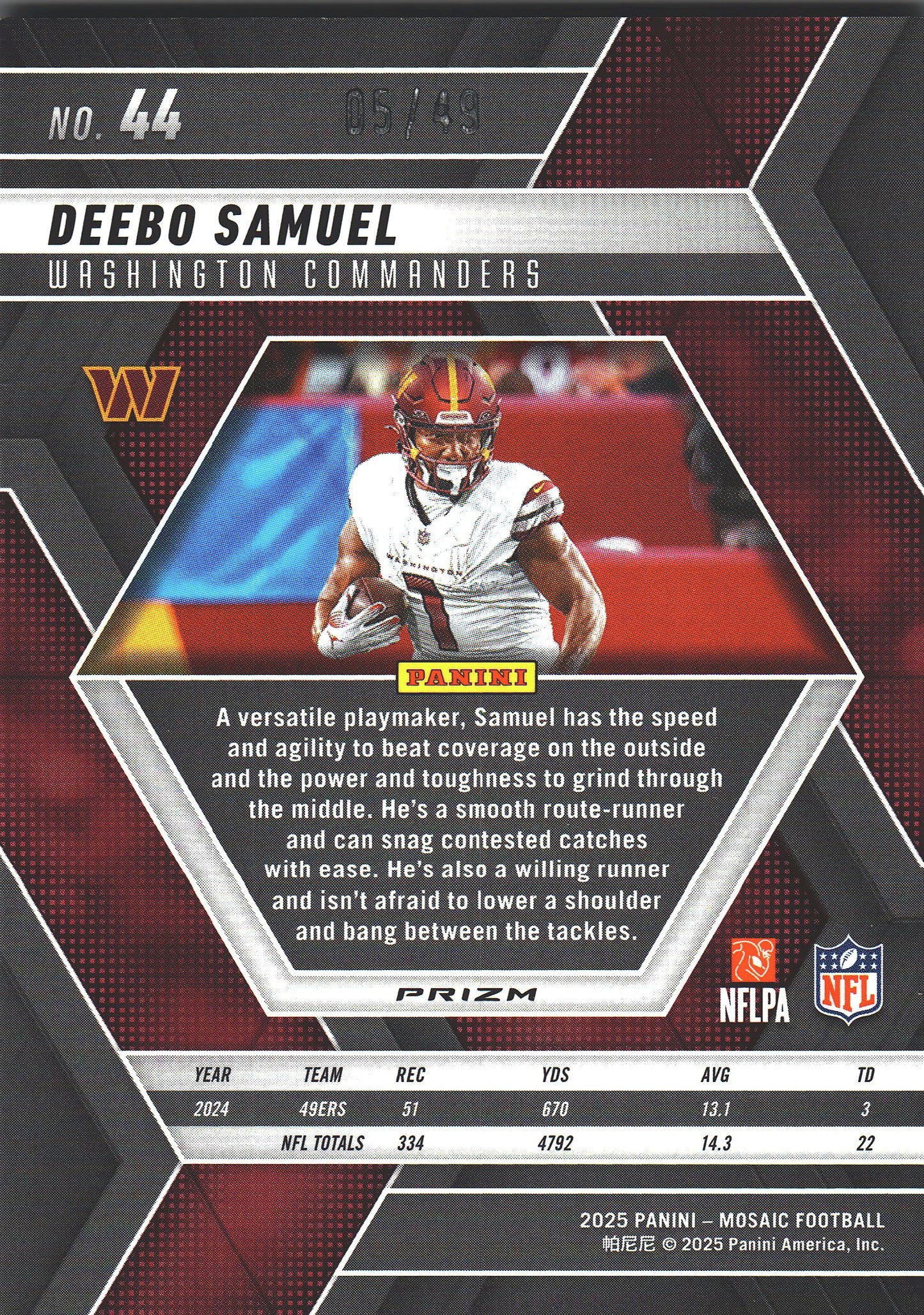 2025 Panini Mosaic Purple /49 Deebo Samuel #44 Washington Commanders