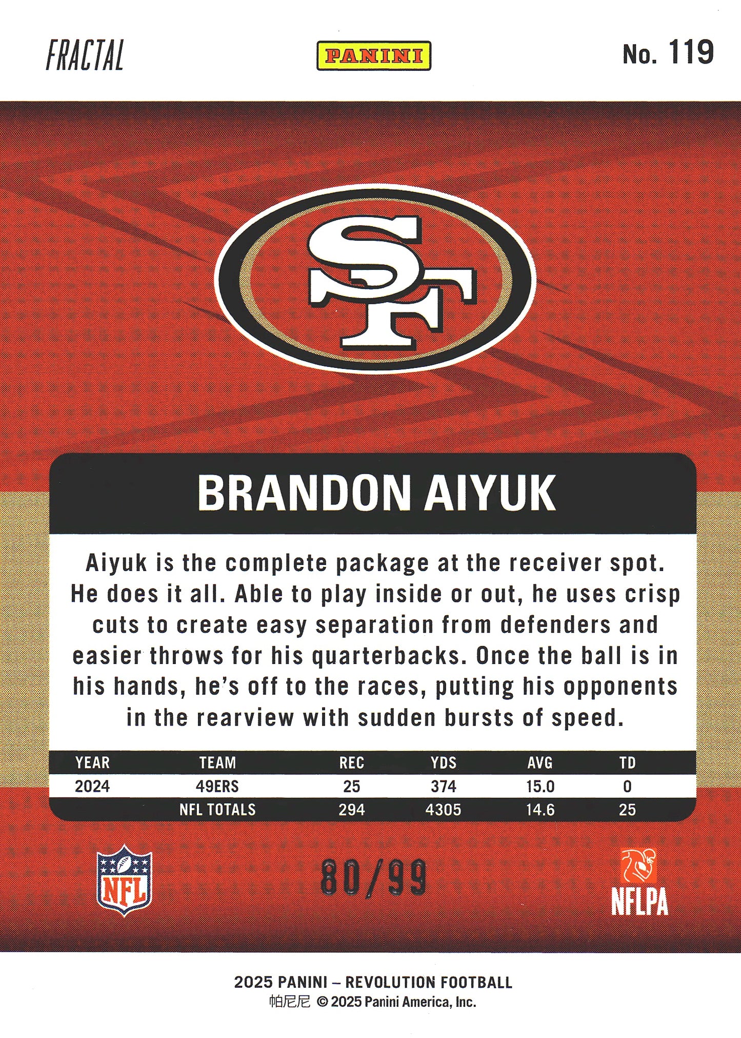 2025 Panini Revolution Fractal /99 Brandon Aiyuk #119 49ers
