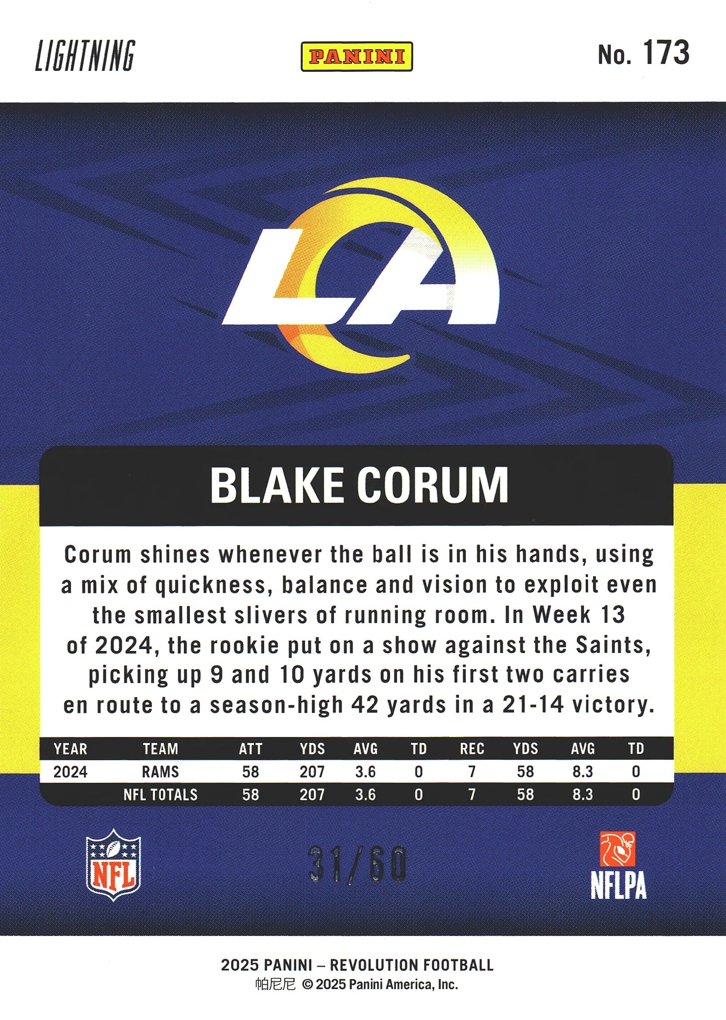 2025 Panini Revolution Lightning /60 Blake Corum #173 Los Angeles Rams