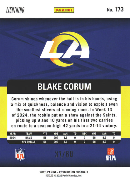 2025 Panini Revolution Lightning /60 Blake Corum #173 Los Angeles Rams
