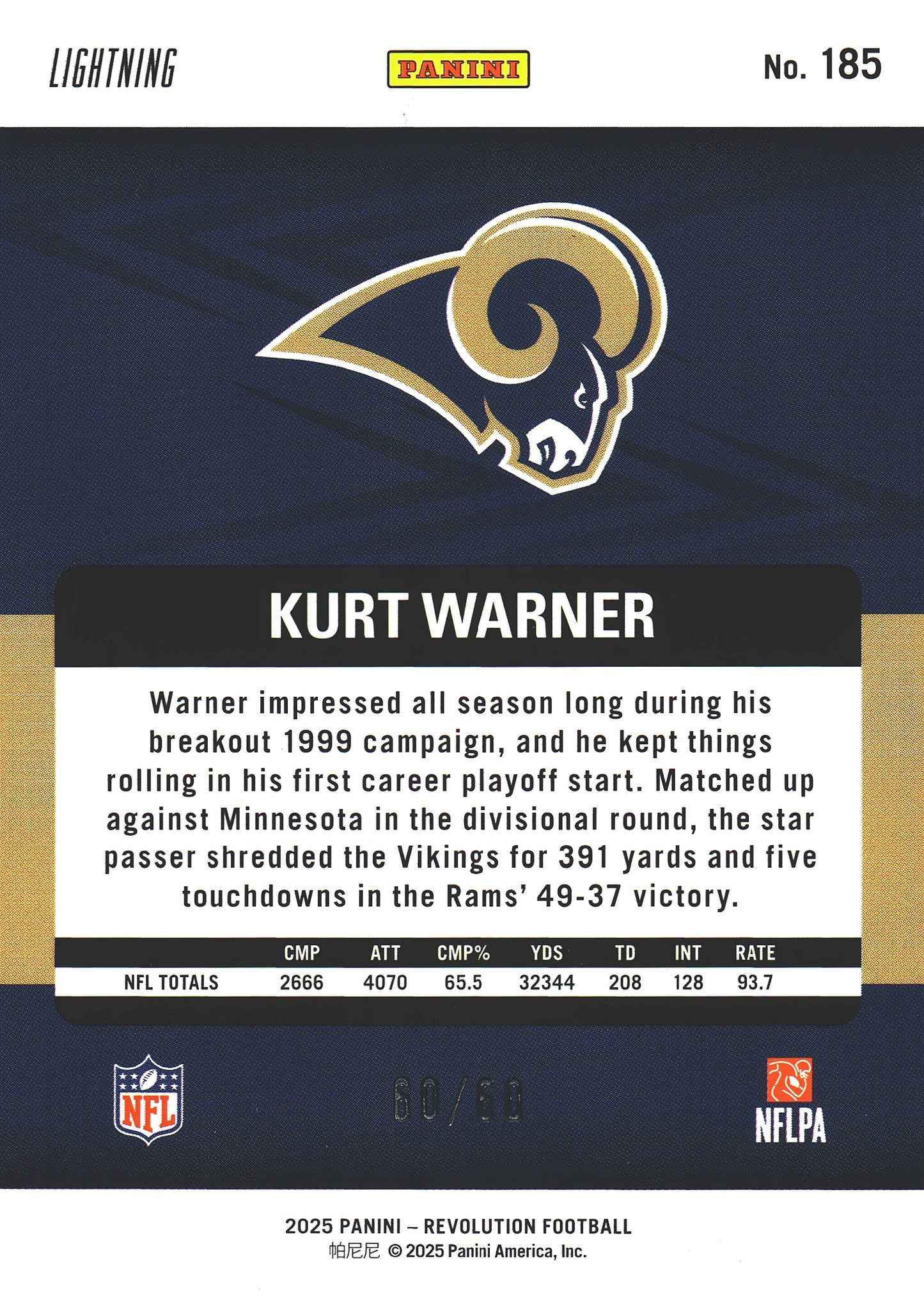 2025 Panini Revolution Lightning /60 Kurt Warner #185 Los Angeles Rams