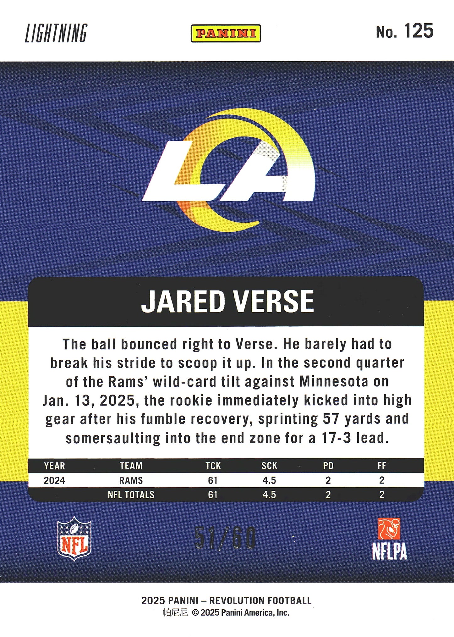 2025 Panini Revolution Lightning /60 Jared Verse #125 Los Angeles Rams