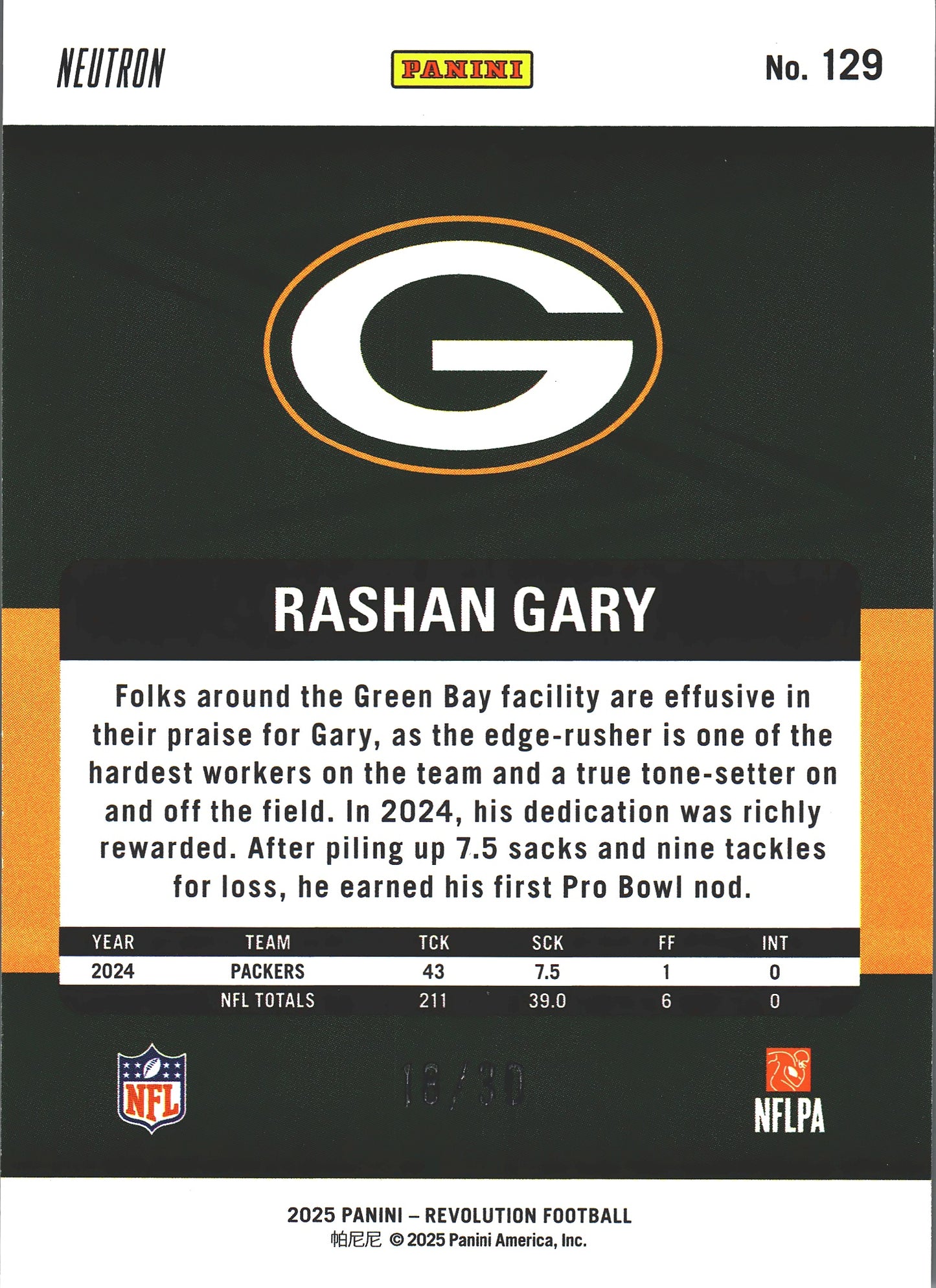 2025 Panini Revolution Neutron /30 Rashan Gary #129 Green Bay Packers