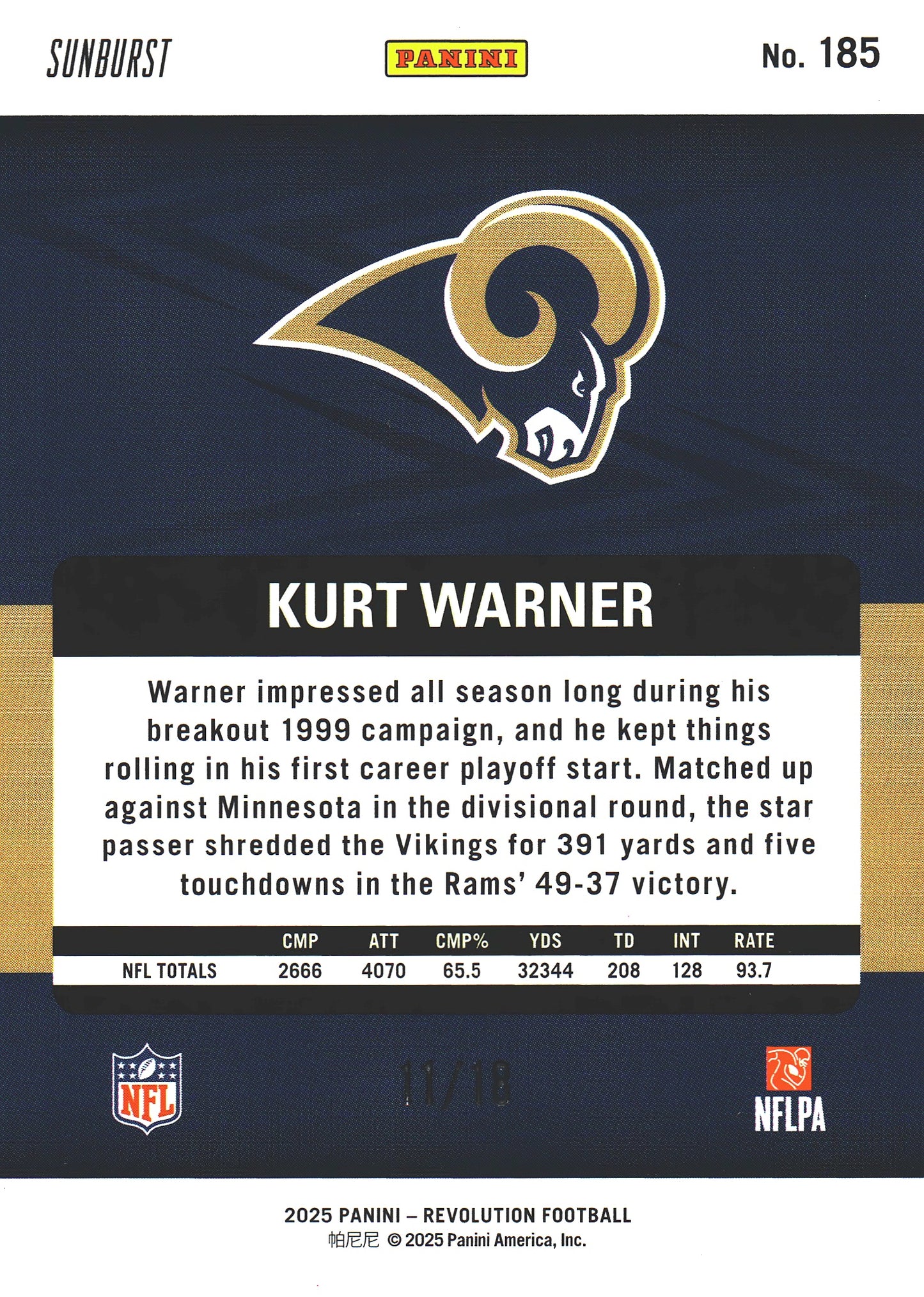 2025 Panini Revolution Sunburst /18 Kurt Warner #185 Los Angeles Rams