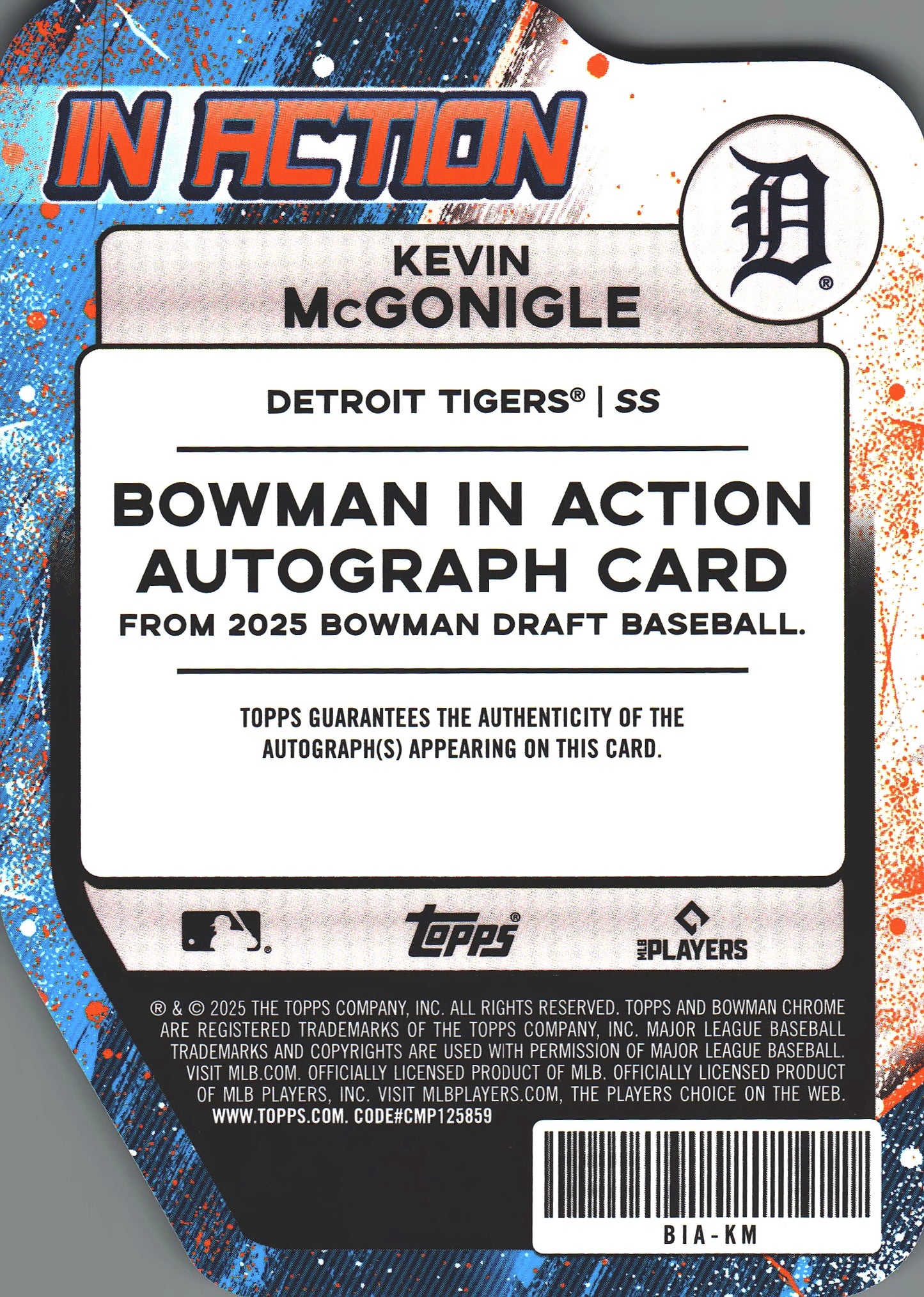 2025 Topps Bowman Chrome In Action auto /75 Kevin McGonigle #BIA-KM Detroit Tigers