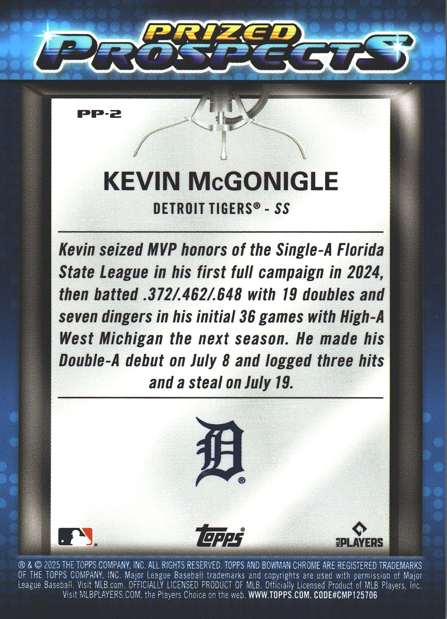 2025 Topps Bowman Chrome Prized Prospects Gold /50 #PP-2 Detroit Tigers