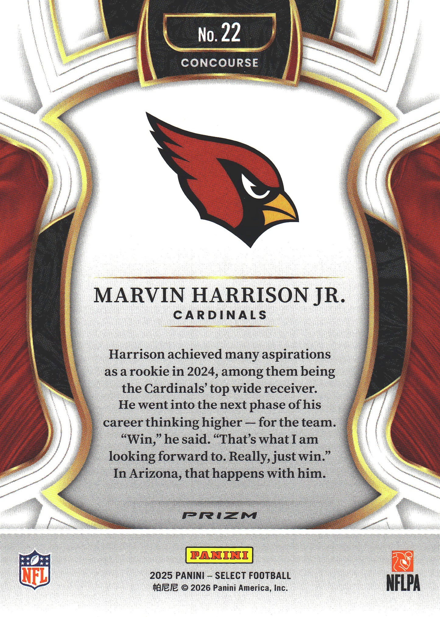 2025 Panini Select Blue White Red Marvin Harrison JR #22 Arizona Cardinals