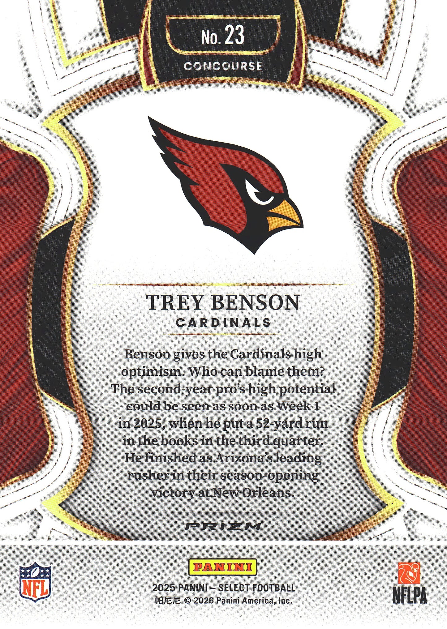 2025 Panini Select Blue White Red Trey Benson #23 Arizona Cardinals