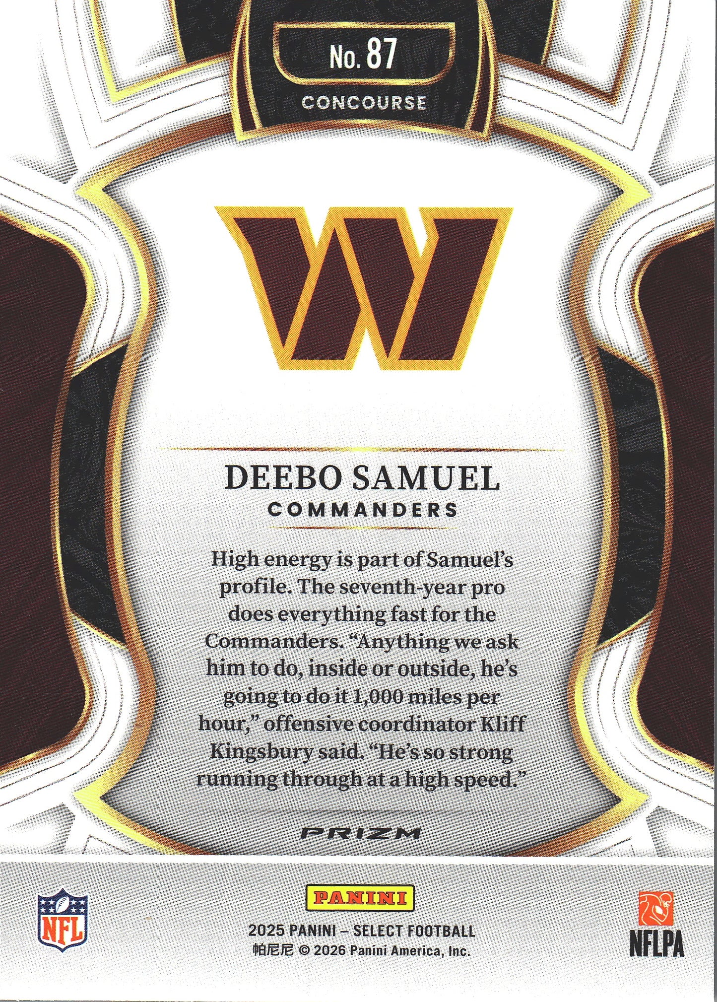2025 Panini Select Blue White Red Deebo Samuel #87 Washington Commanders