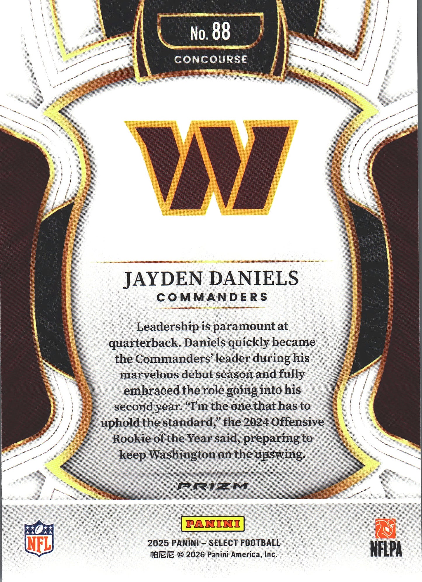 2025 Panini Select Blue White Red Jayden Daniels #88 Washington Commanders