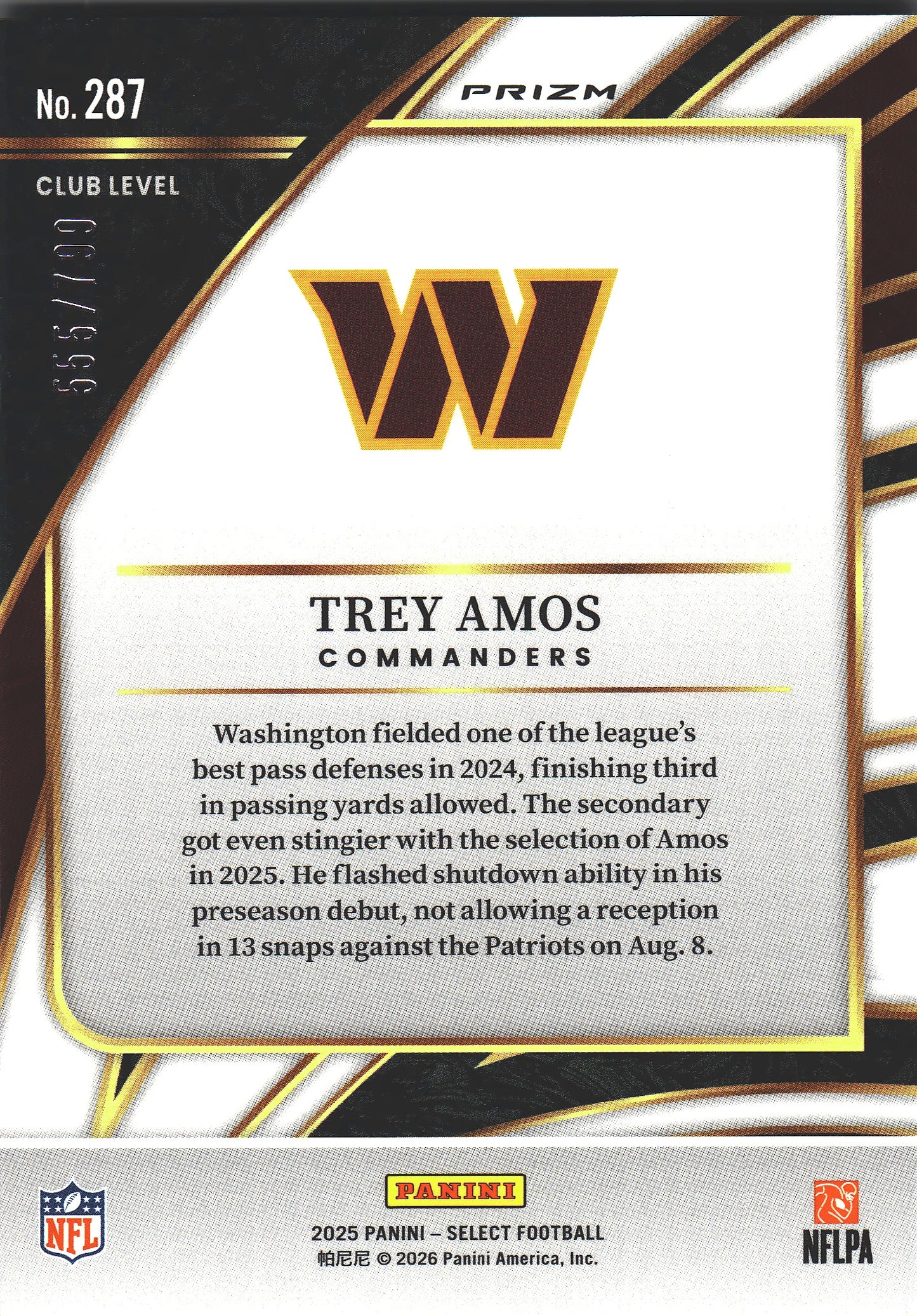 2025 Panini Select Trey Amos /799 RC #287 Washington Commanders