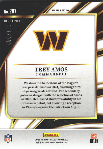 2025 Panini Select Trey Amos /799 RC #287 Washington Commanders