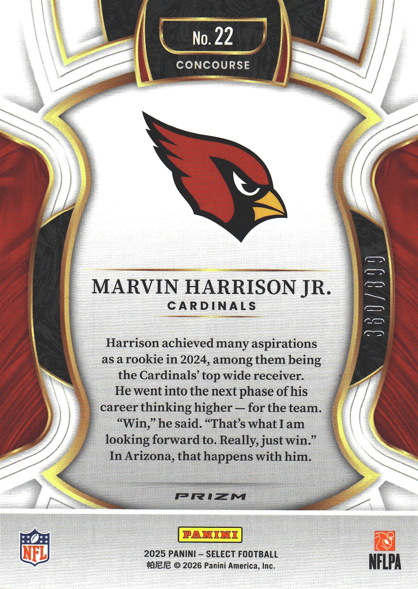 2025 Panini Select Marvin Harrison Jr. /899 #22 Arizona Cardinals