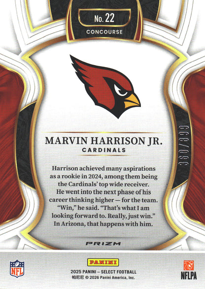 2025 Panini Select Marvin Harrison Jr. /899 #22 Arizona Cardinals