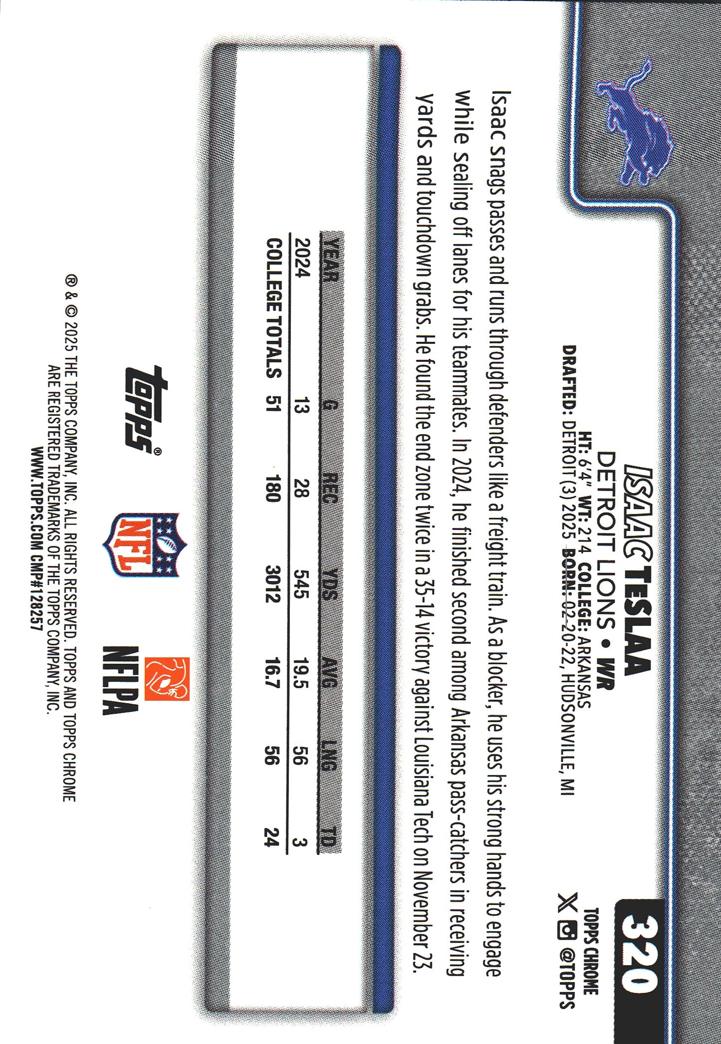 2025 Topps Chrome NFL Isaac Teslaa RC #320 Detroit Lions