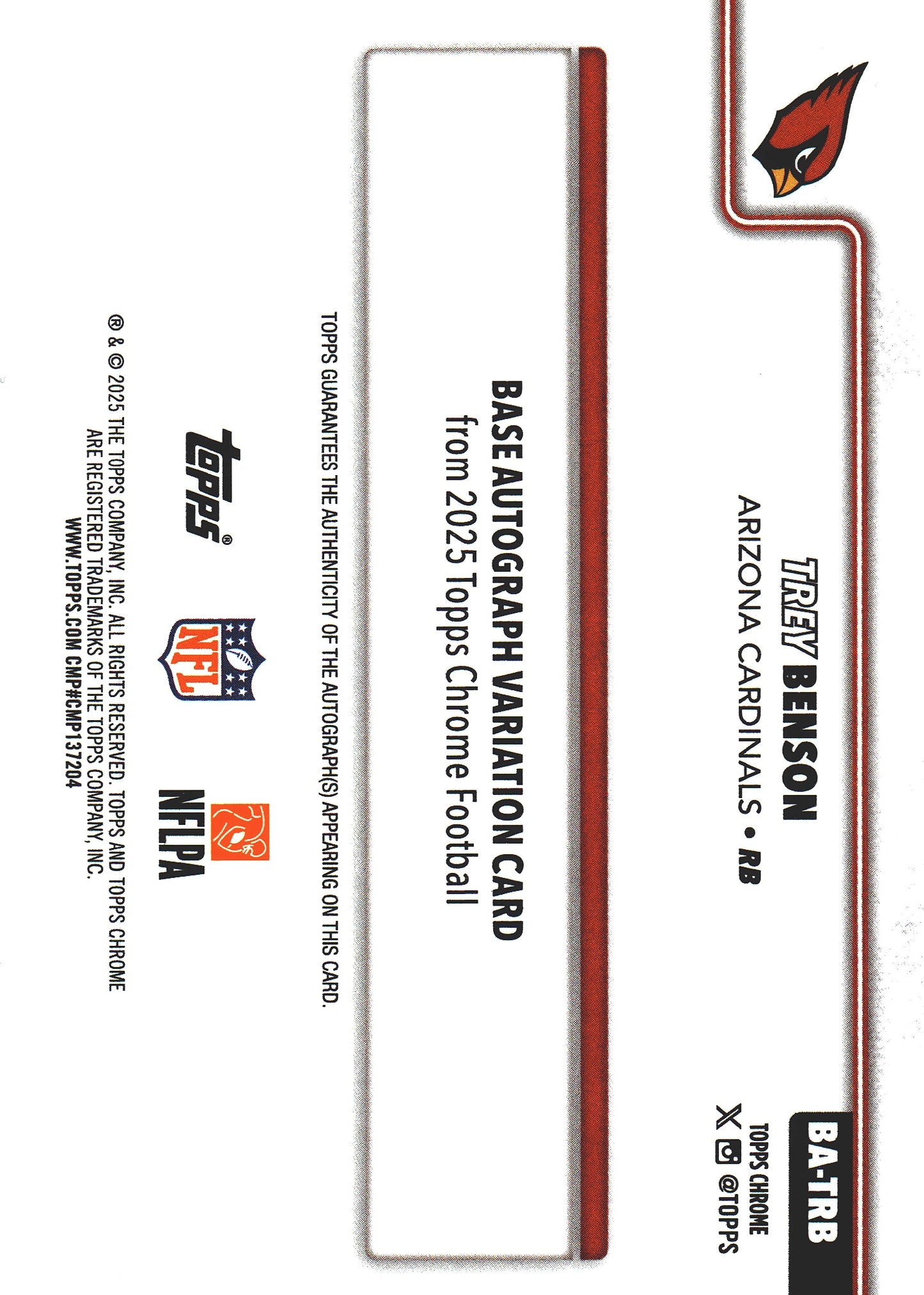 2025 Topps Chrome NFL Gold On-Card Autograph /50 Trey Benson #BA-TRB Arizona Cardinals