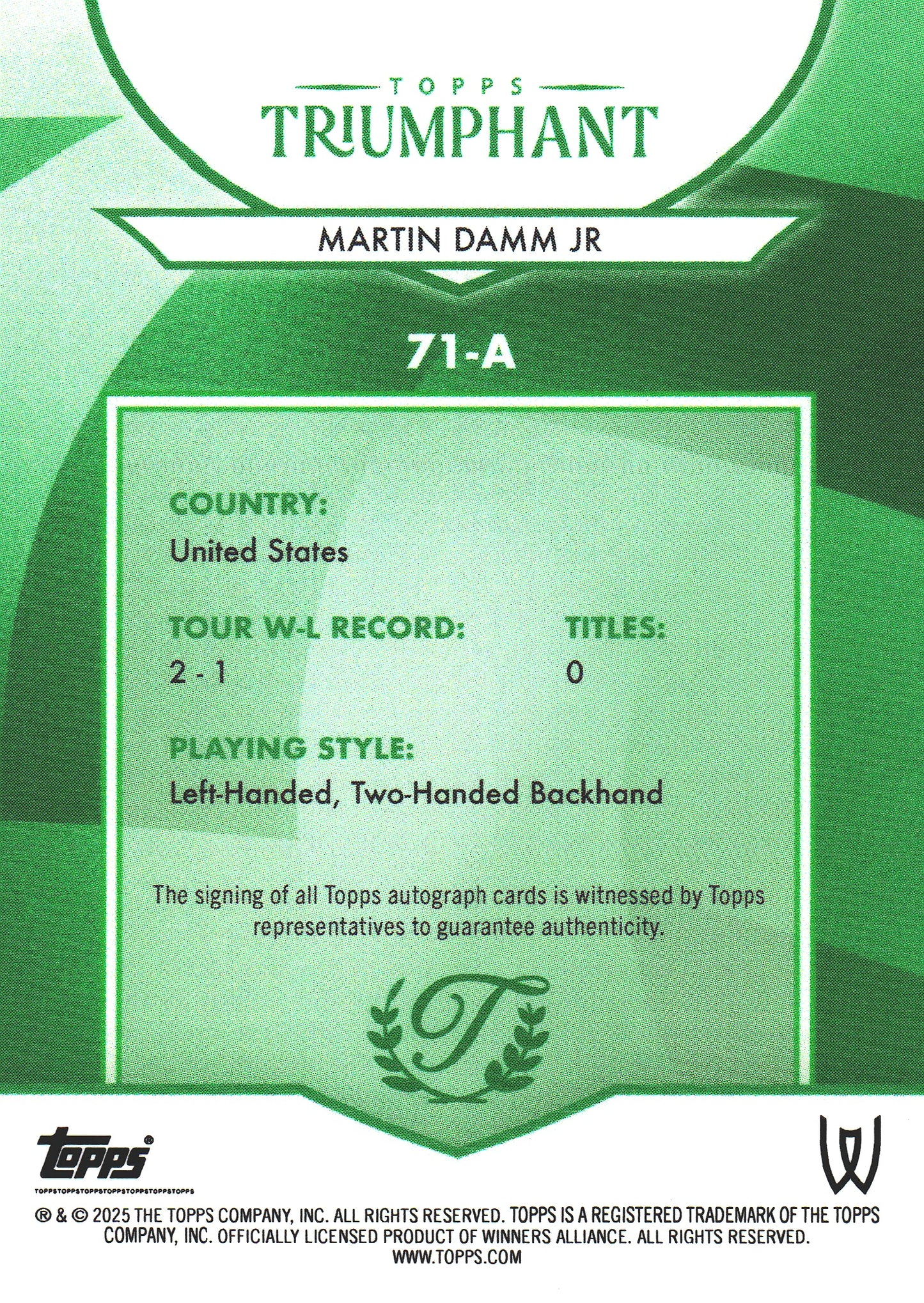 2025 Topps Triumphant Tennis Autograph /99 Martin Damm Jr. #71-A