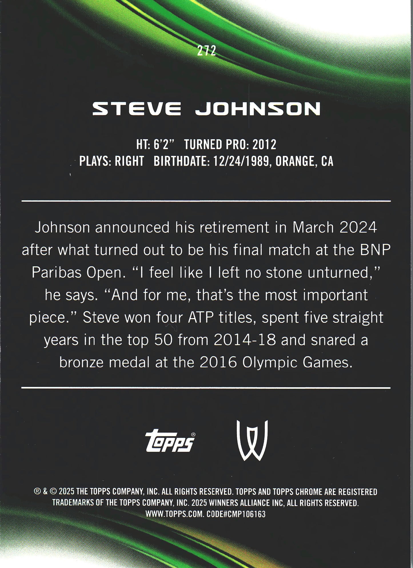 2025 Topps Chrome Tennis Aqua /199 Steve Johnson #272