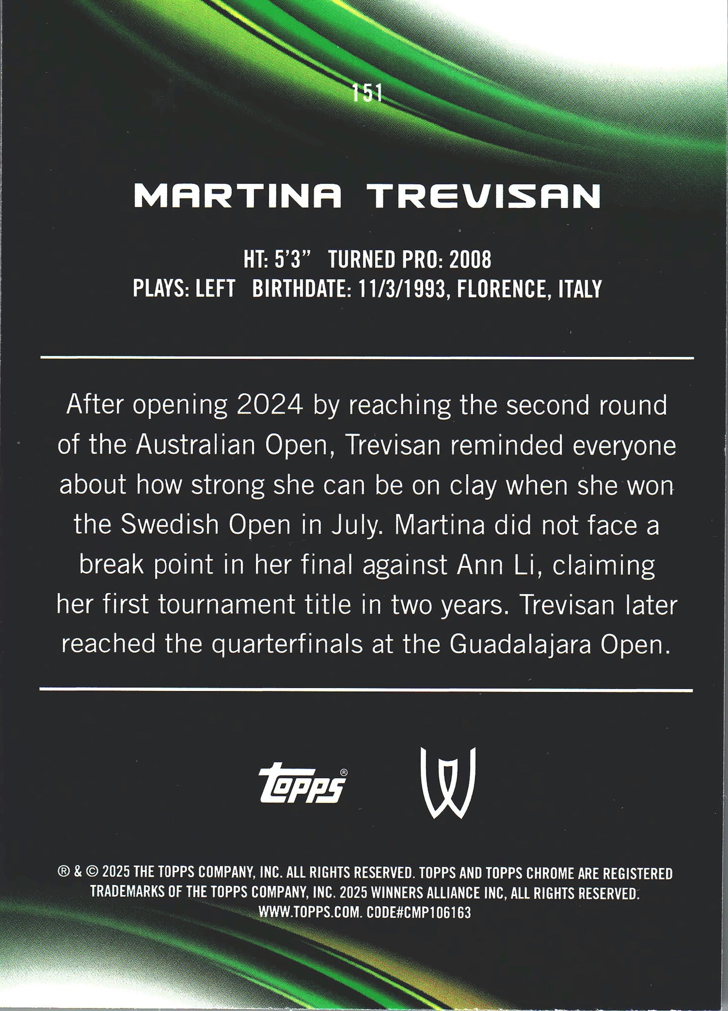 2025 Topps Chrome Tennis Blue /150 Martina Trevisan #151