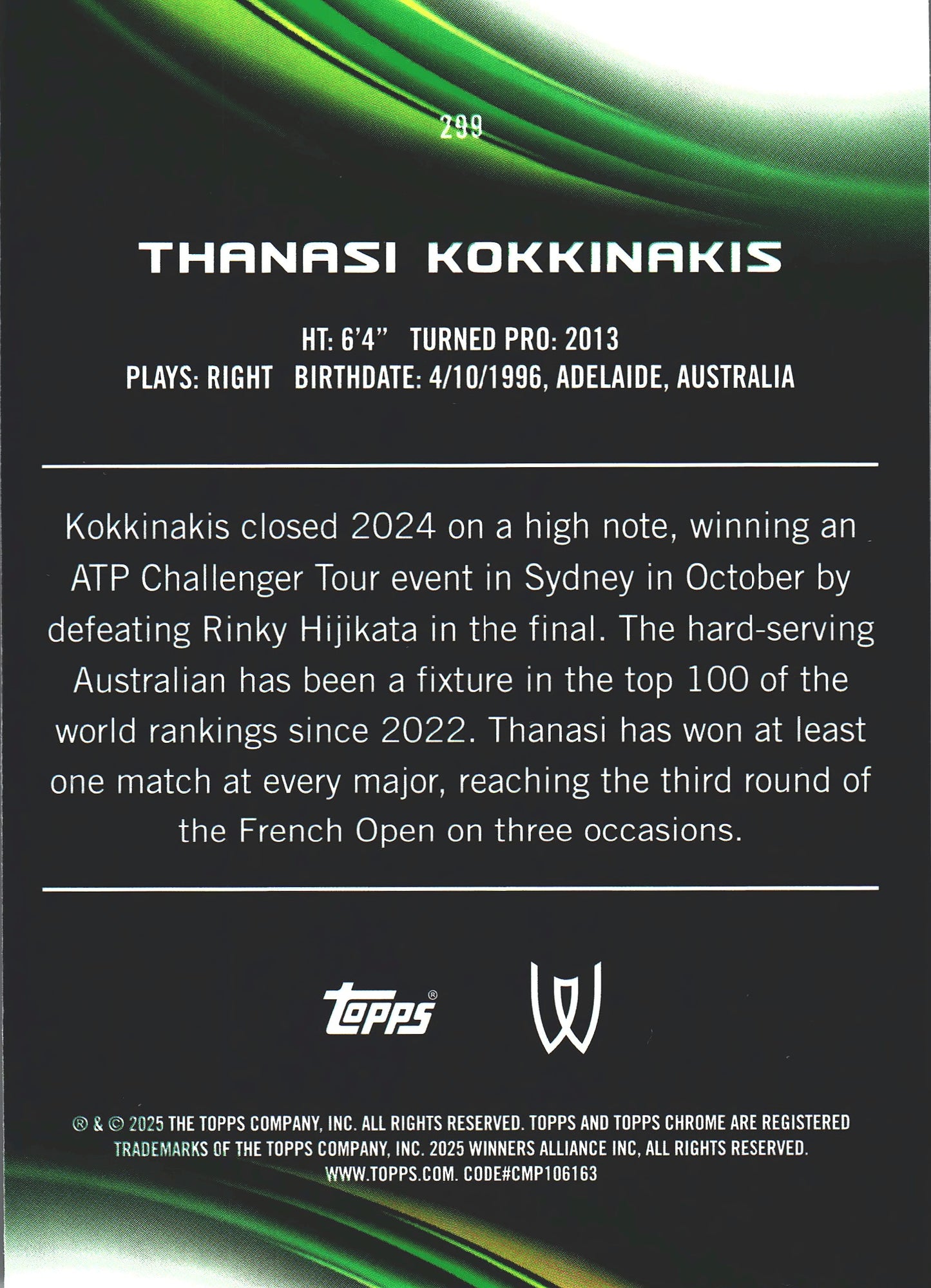 2025 Topps Chrome Tennis Blue /150 Thanasi Kokkinakis RC #299