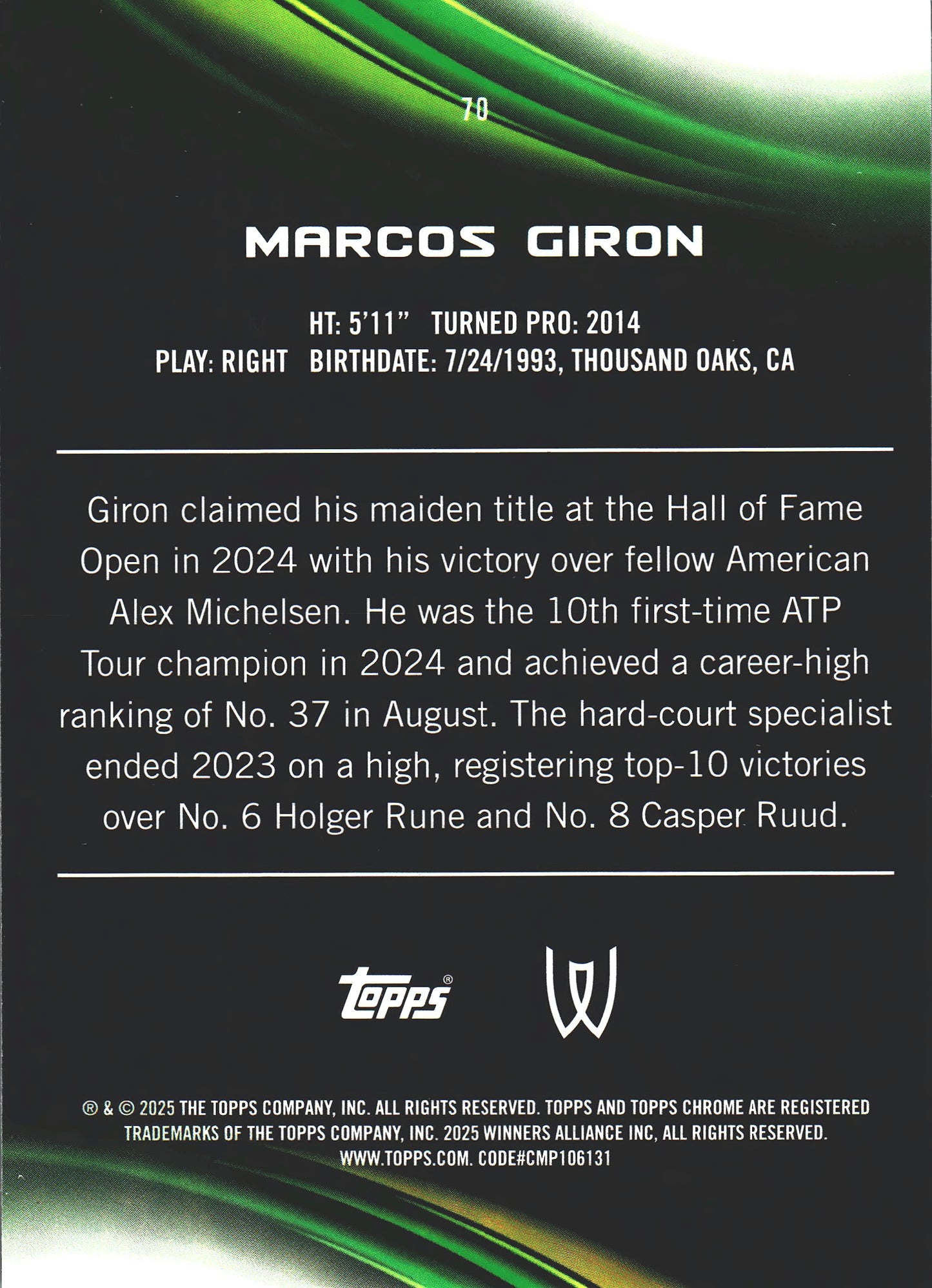 2025 Topps Chrome Tennis Purple and Green /125 Marcos Giron #70