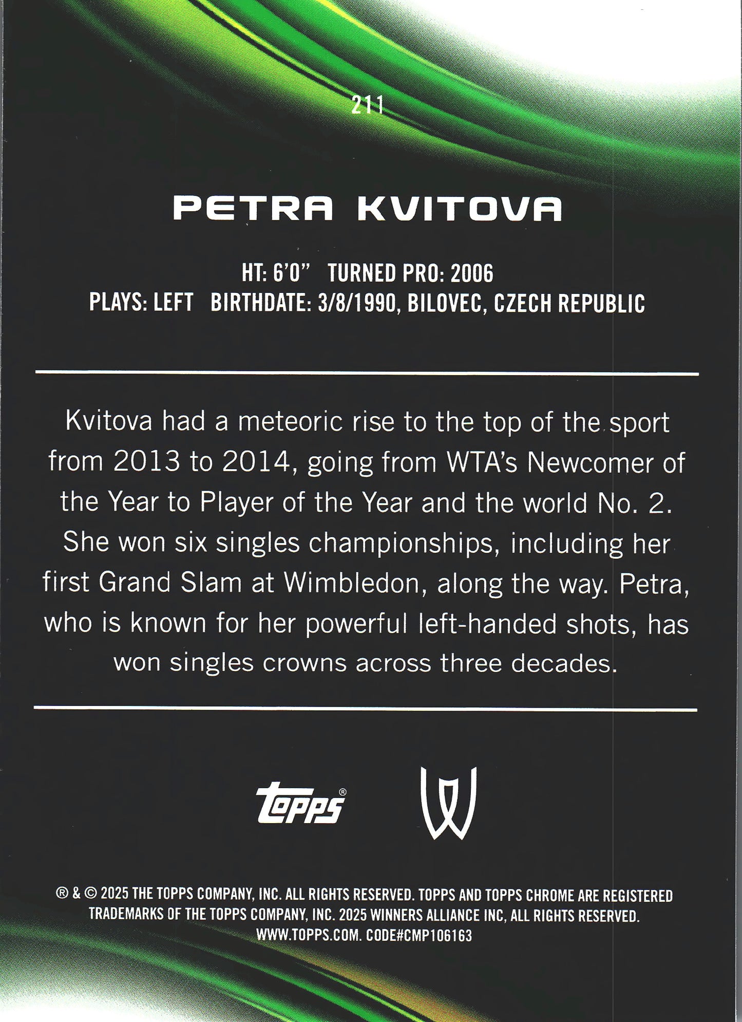 2025 Topps Chrome Tennis Purple and Green /125 Petra Kvitova #211