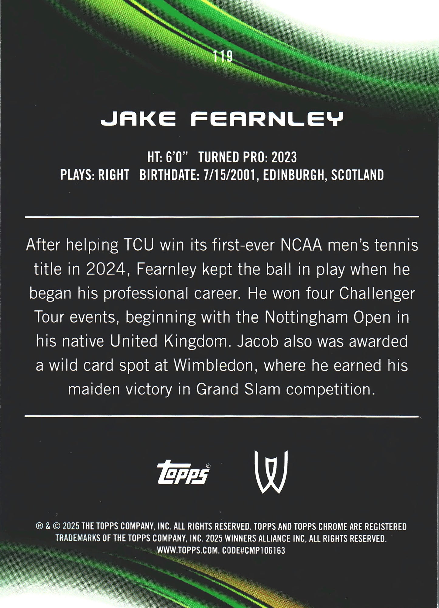 2025 Topps Chrome Tennis Green /99 Jake Fearnley RC #119