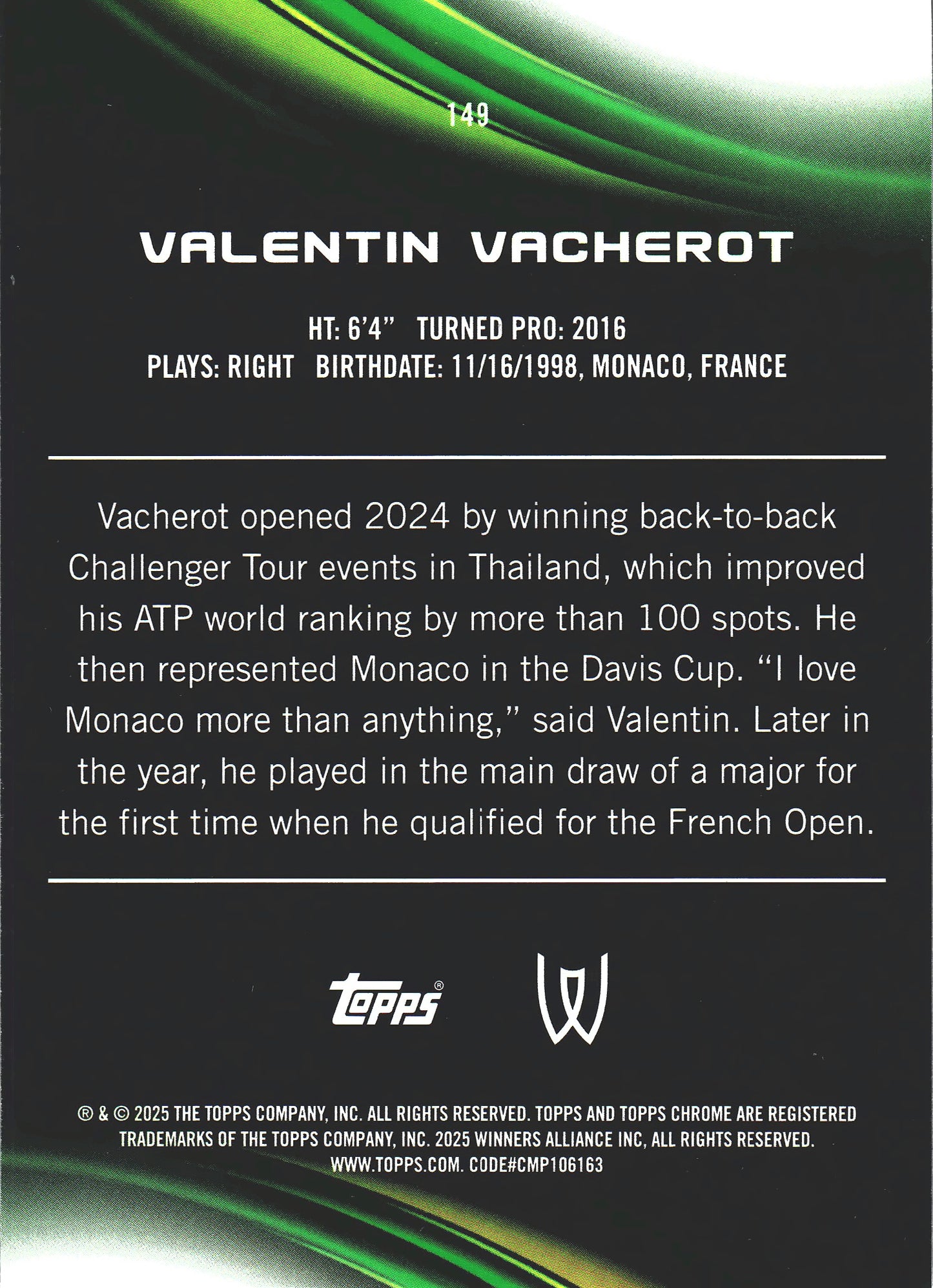 2025 Topps Chrome Tennis Green /99 Valentin Vacherot RC #149