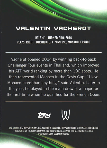 2025 Topps Chrome Tennis Green /99 Valentin Vacherot RC #149
