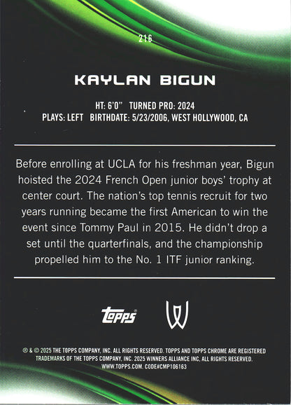 2025 Topps Chrome Tennis Green /99 Kaylan Bigun RC #216