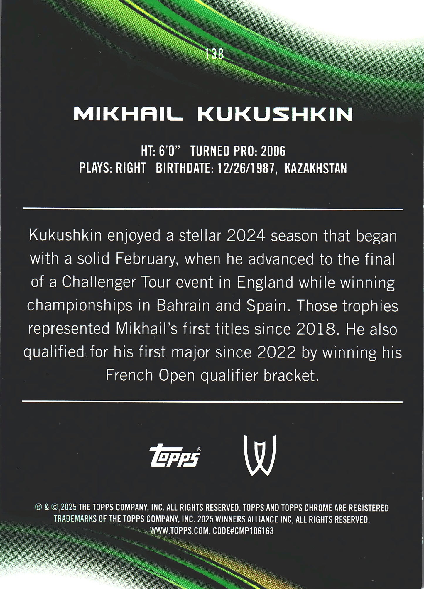 2025 Topps Chrome Tennis Pink Geometric /65 Mikhail Kukushkin RC #138