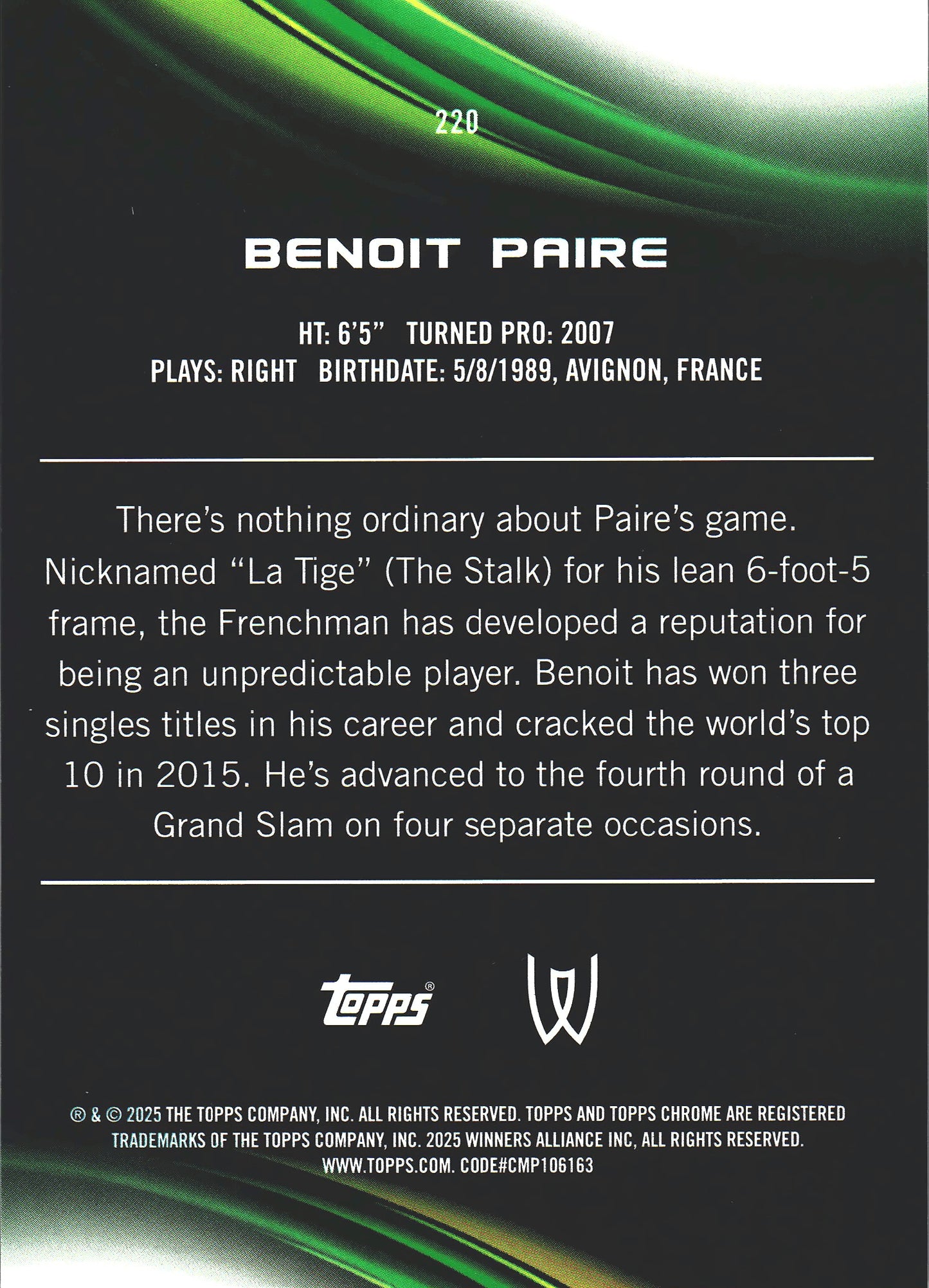 2025 Topps Chrome Tennis Gold /50 Benoit Paire #220