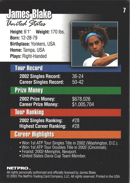 2003 NetPro Tennis James Blake RC #7