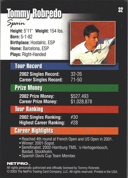 2003 NetPro Tennis Tommy Robredo RC #32