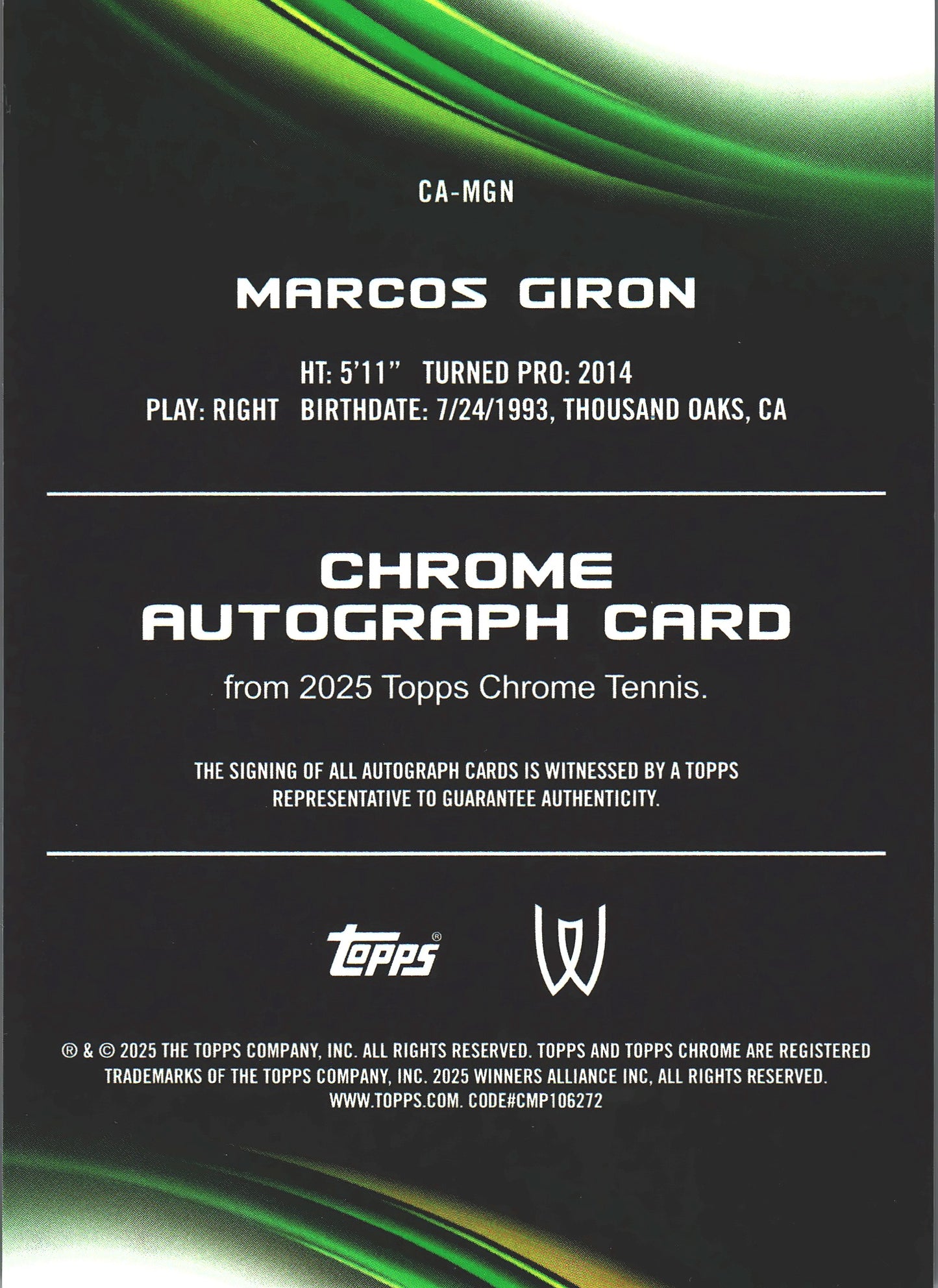 2025 Topps Chrome Tennis Orange /25 Autograph Marcos Giron #CA-MGN