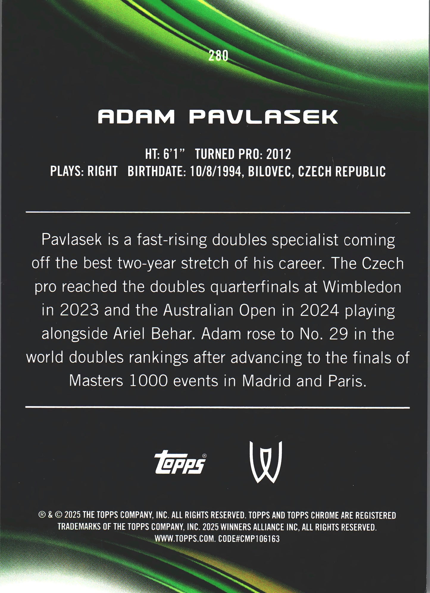 2025 Topps Chrome Tennis Orange /25 Adam Pavlasek RC #280
