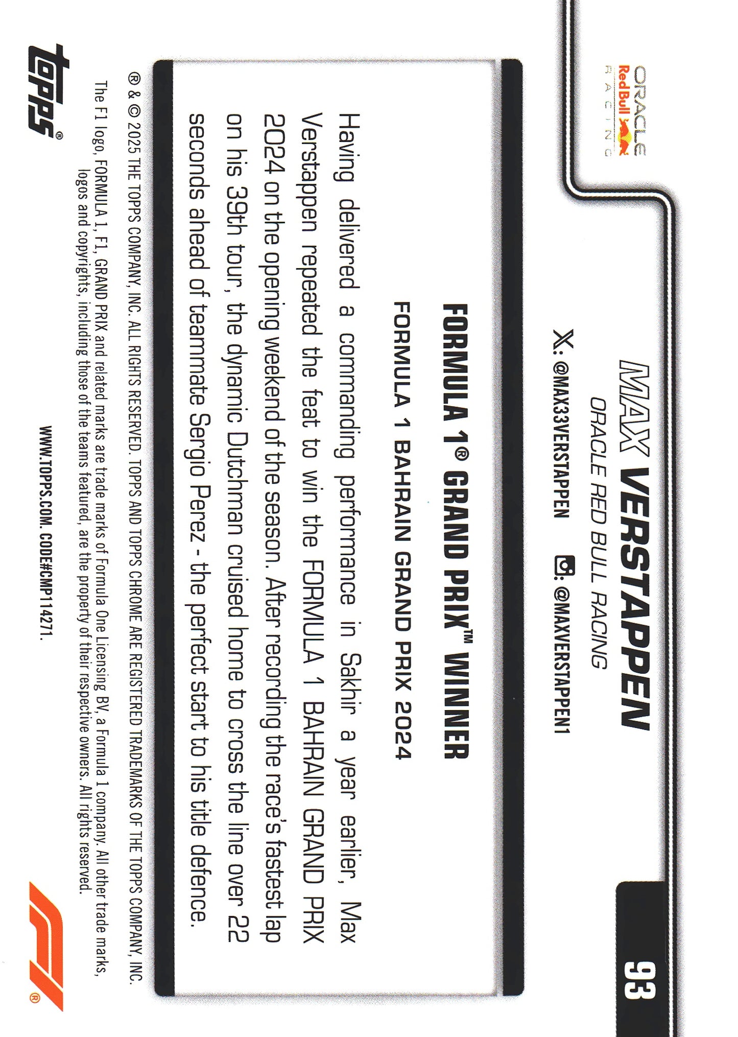 2025 Topps Chrome Formula 1 Black White Lazer Max Verstappen #93 Red Bull Racing