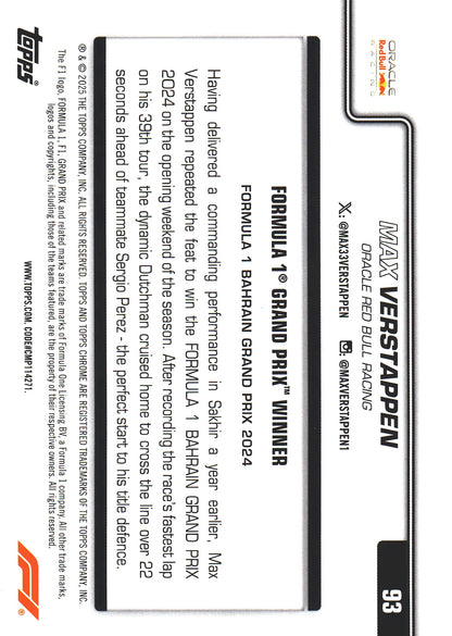 2025 Topps Chrome Formula 1 Black White Lazer Max Verstappen #93 Red Bull Racing
