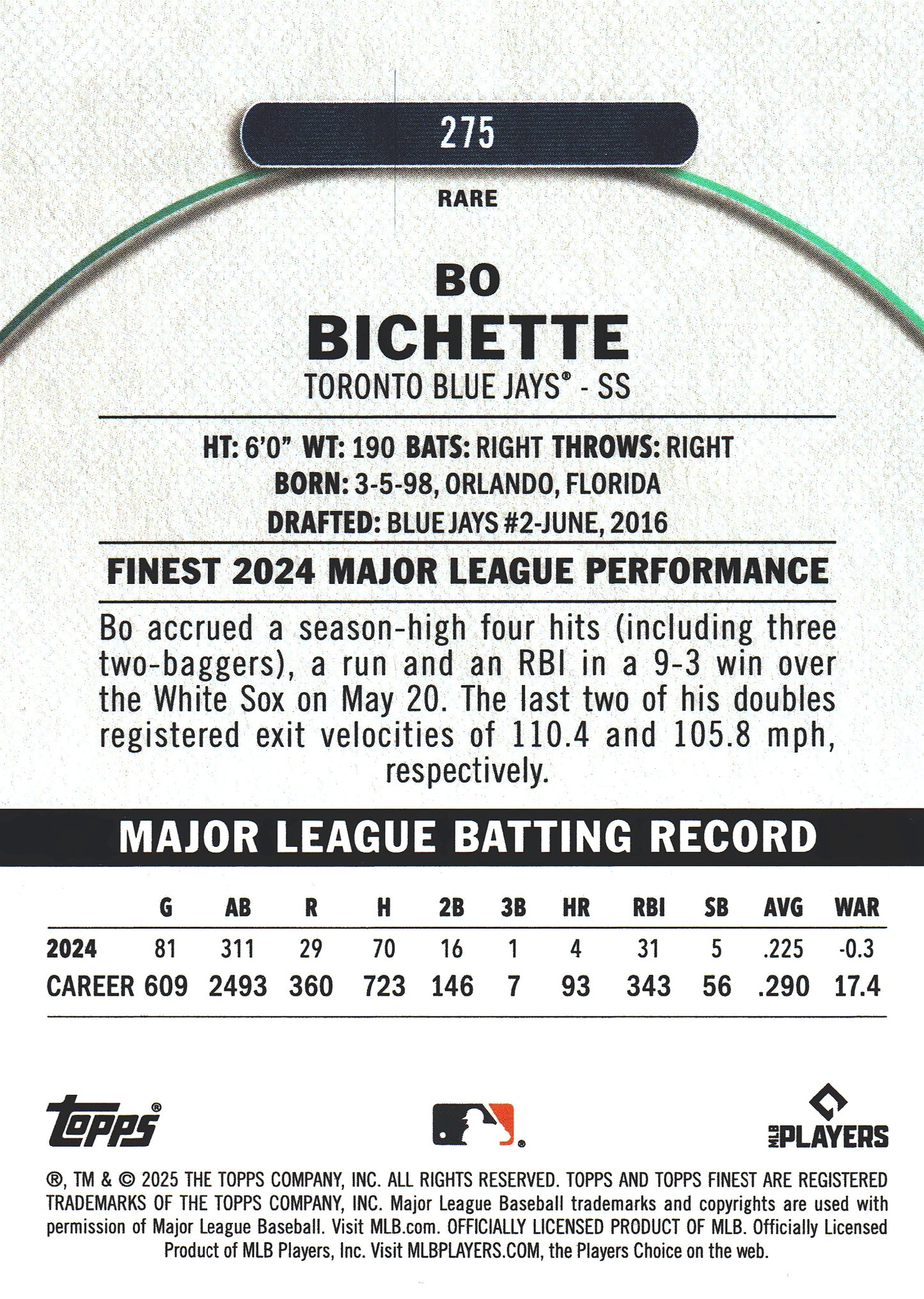 2025 Topps Finest Purple /75 Bo Bichette #275 Toronto Blue Jays