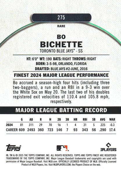 2025 Topps Finest Purple /75 Bo Bichette #275 Toronto Blue Jays